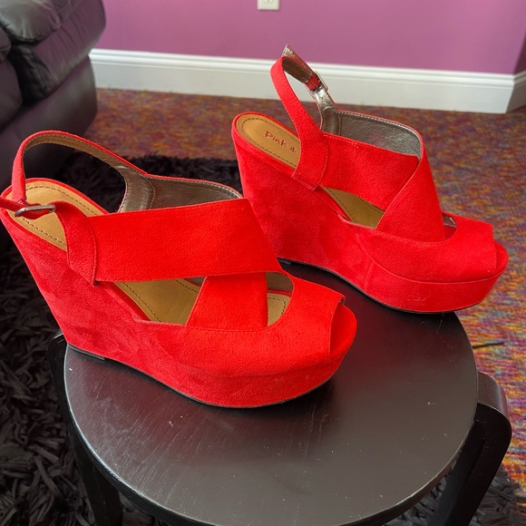 Pink & Pepper Women's Red Peep Toe Heels - Picture 2 of 3